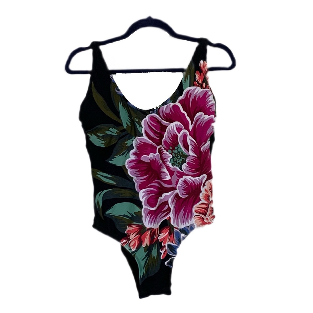 Kona Sol SZ L Black Floral One Piece Adjustable Strap Swimsuit